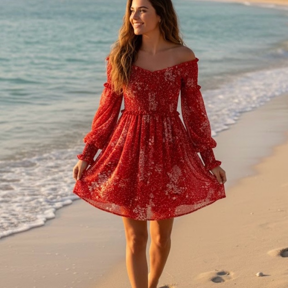 SHEIN Valentine Long Puffy Sleeve Flowy Red Off-Shoulder Ruched Mini Dress M